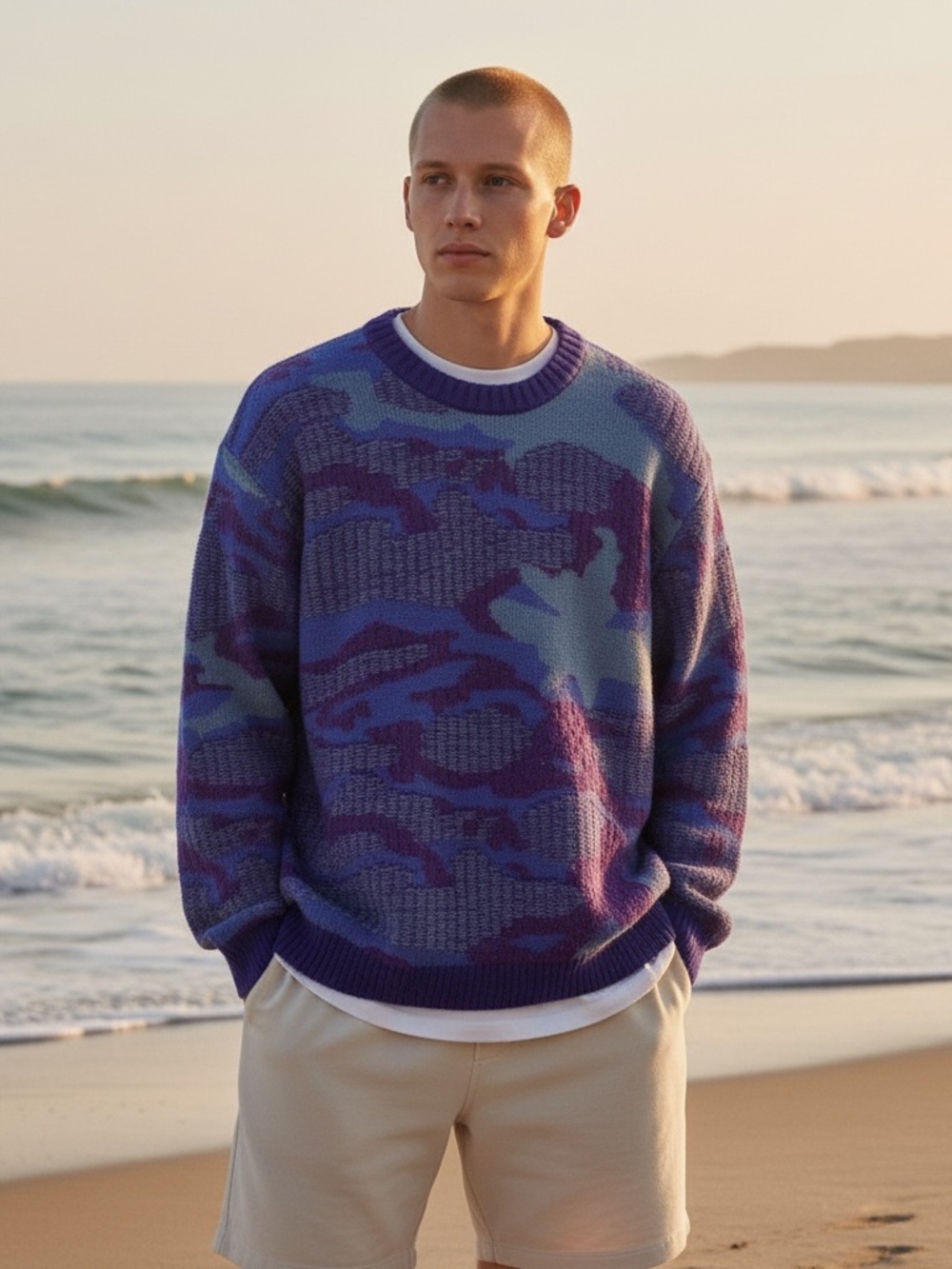 Zara camo Blue & Purple Abstract Pattern Crewneck Sweater Men - oversized large